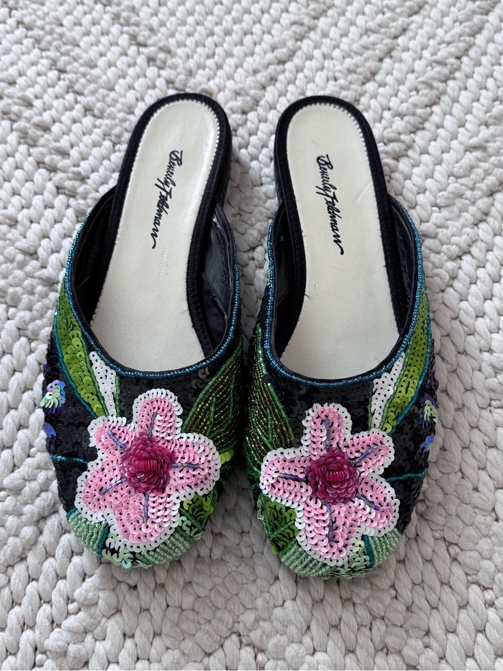 Beverley Feldman Floral Black Sequin Flats 8